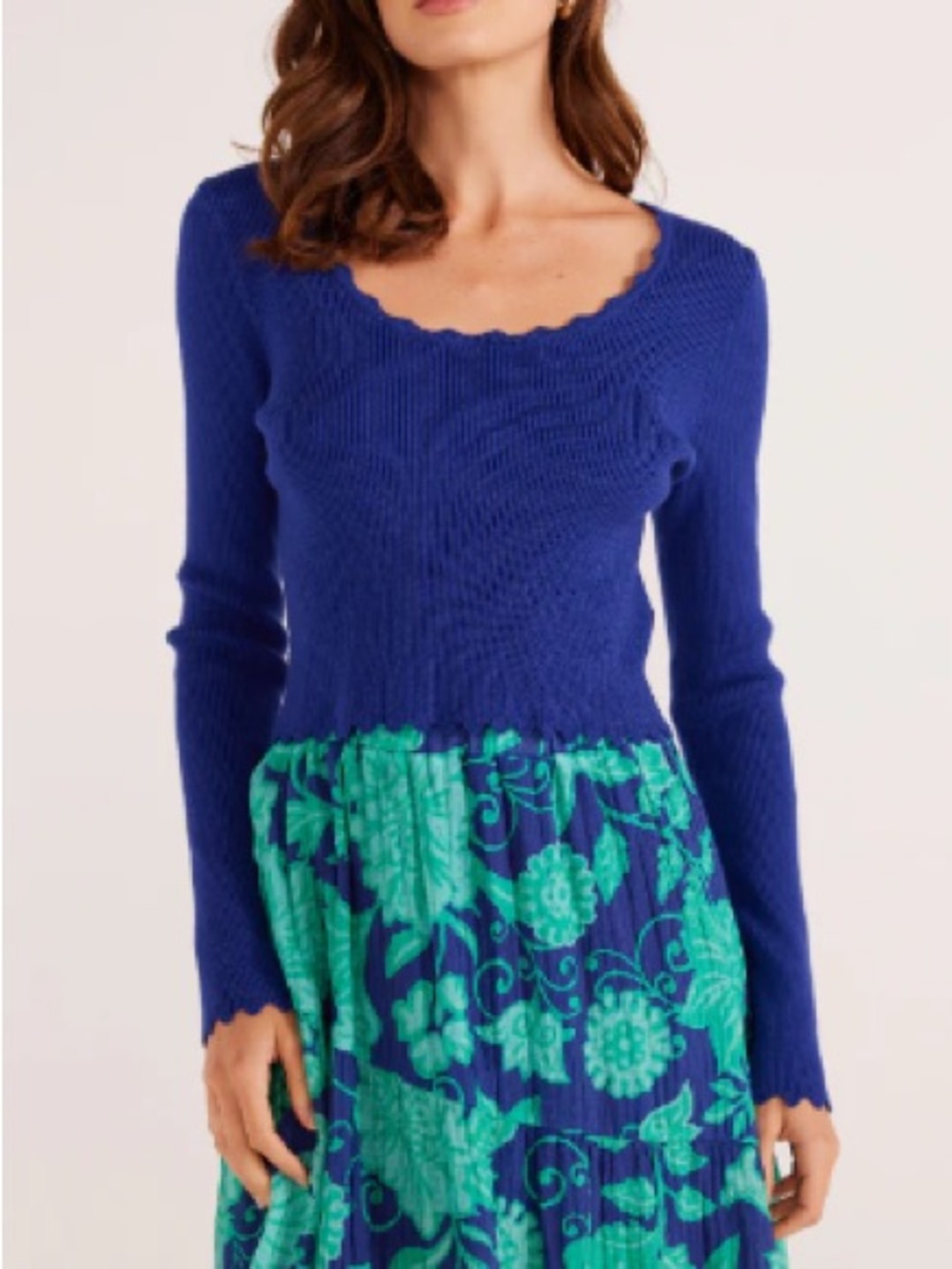 MINKPINK Cobalt Scallop-Edge Ribbed Long Sleeve Top
